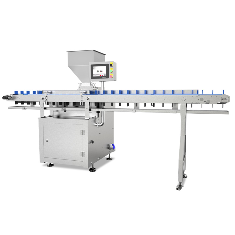 Automatic cream filling machine, clean white background overview