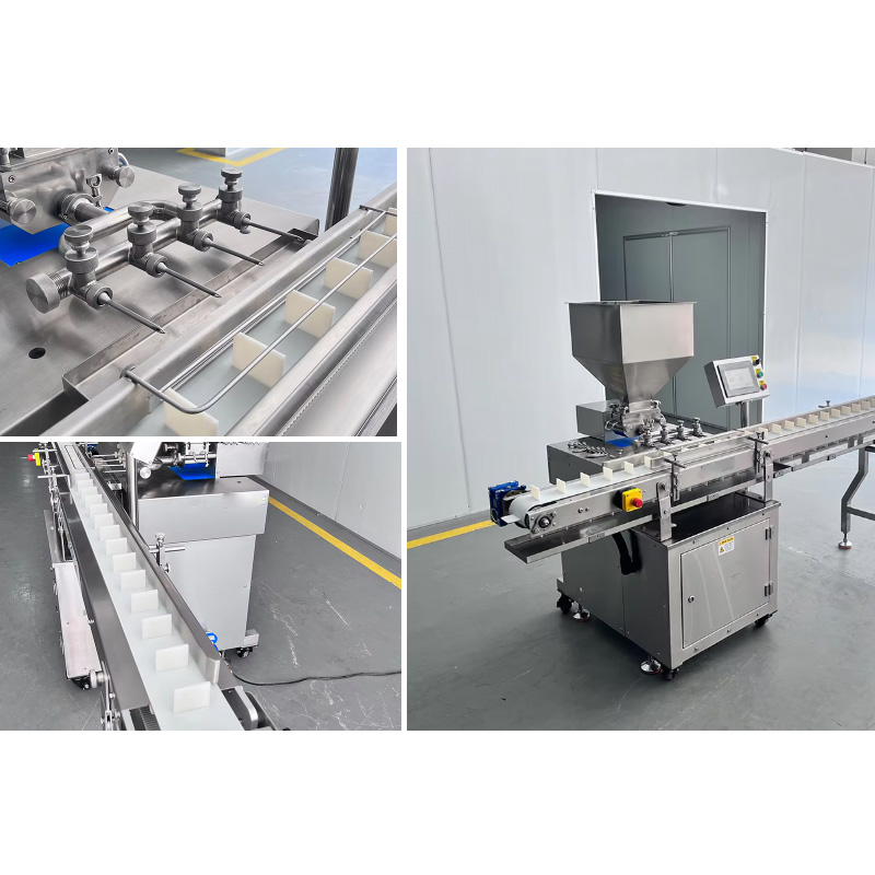 Different views of the automatic cream filling machine in bakery production line