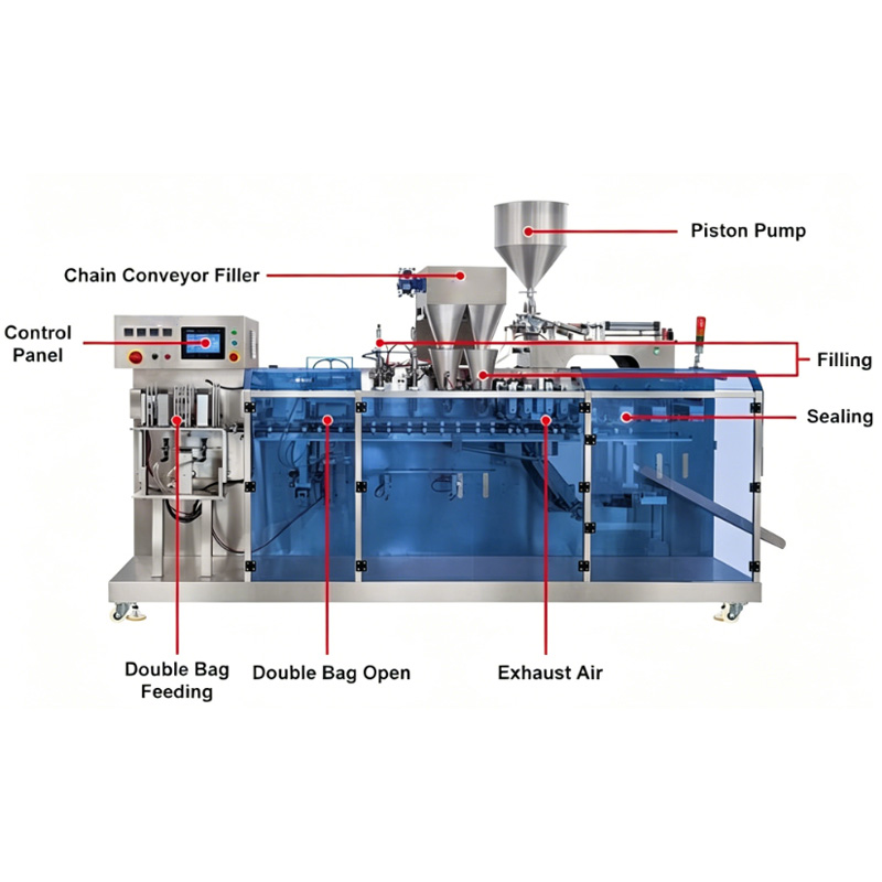 Schematic diagram of sauce doypack machine with labeled components (piston pump, filling, sealing)