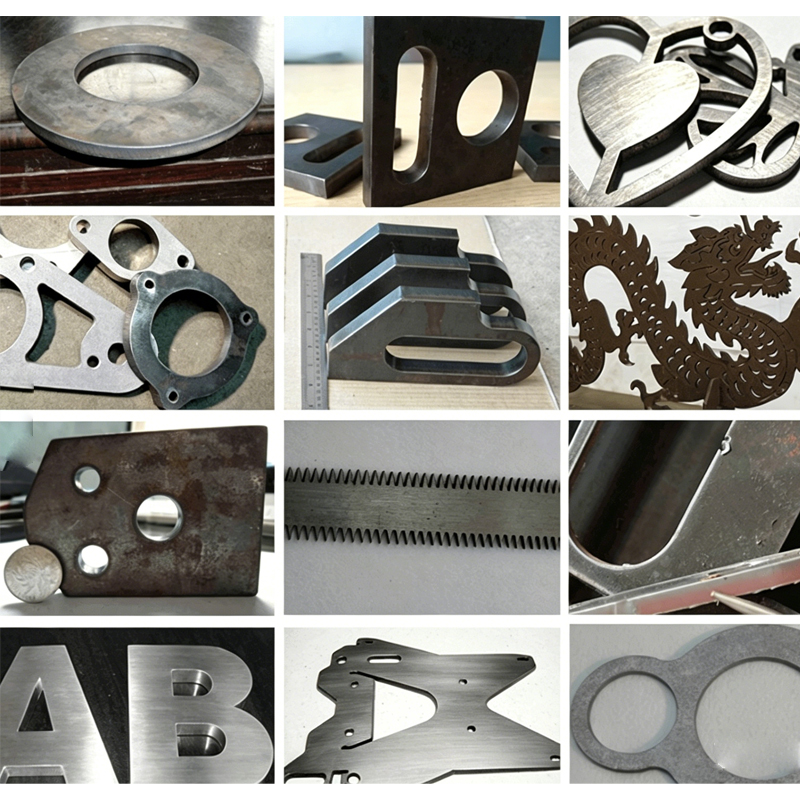 Various carbon steel parts cut by the plasma system, showing its high-speed and precise fabrication capabilities.