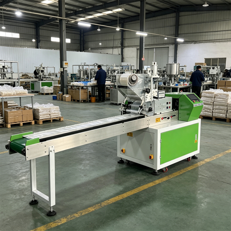 Pillow packaging machine in workshop, ideal for mass production in food and daily industries.