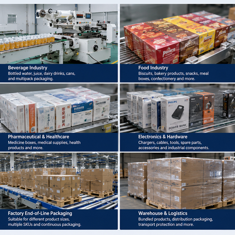 Versatile for beverages, daily goods and food, supporting shrink-wrapping for various products.