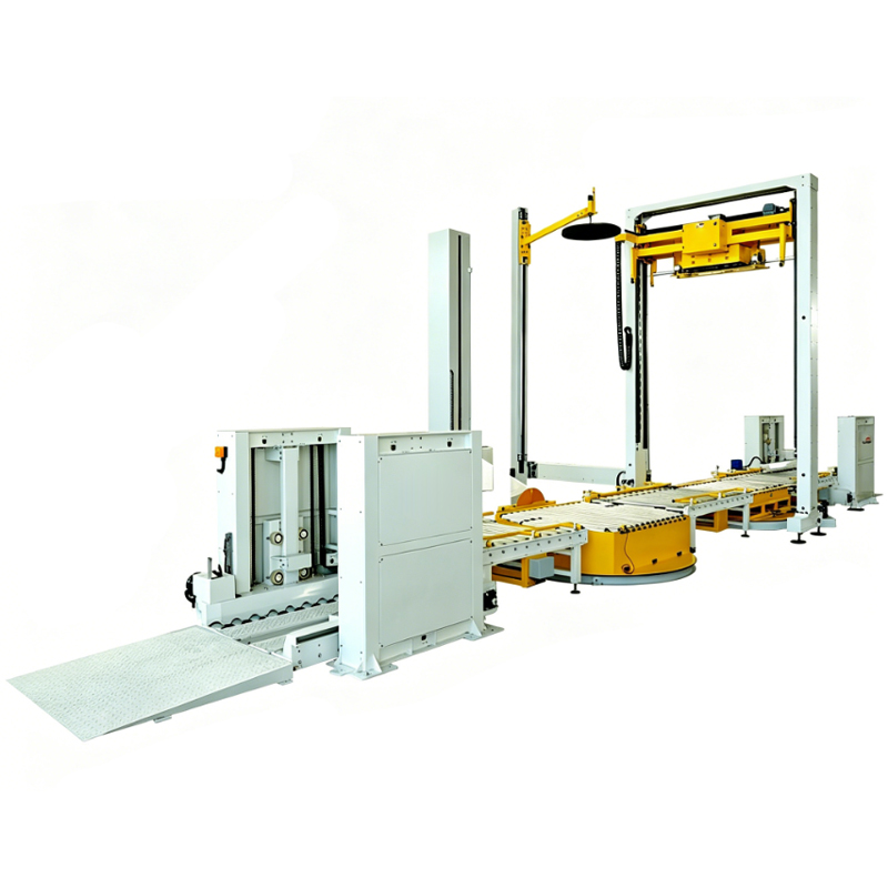 Automatic conveyorized stretch wrapping line for integrated pallet packaging.
