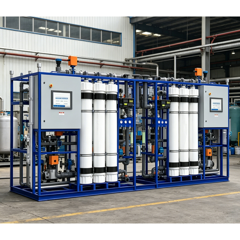 UF equipment in factory with dual membrane arrays, adjustable for production scale.