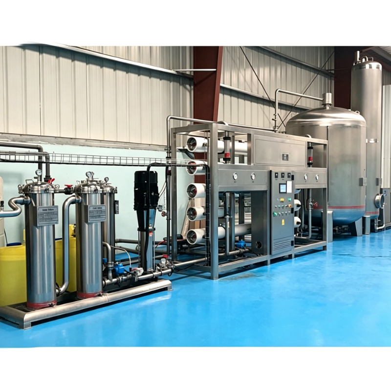 RO equipment in workshop, stainless steel, ensuring safe drinking water.