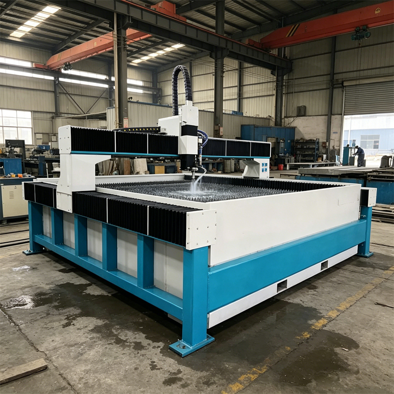 Abrasive waterjet cutter working on material in production workshop