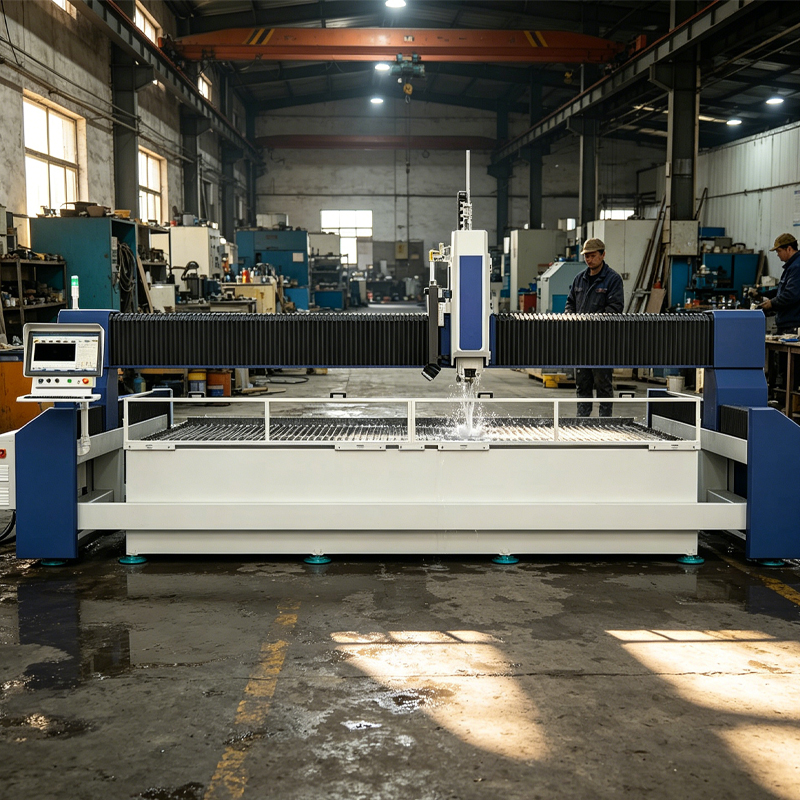 5-axis waterjet cutter installed in industrial workshop, production-ready