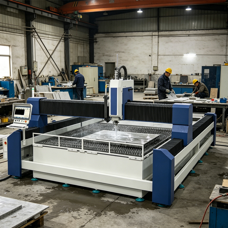 5-axis CNC waterjet cutting system working in production line