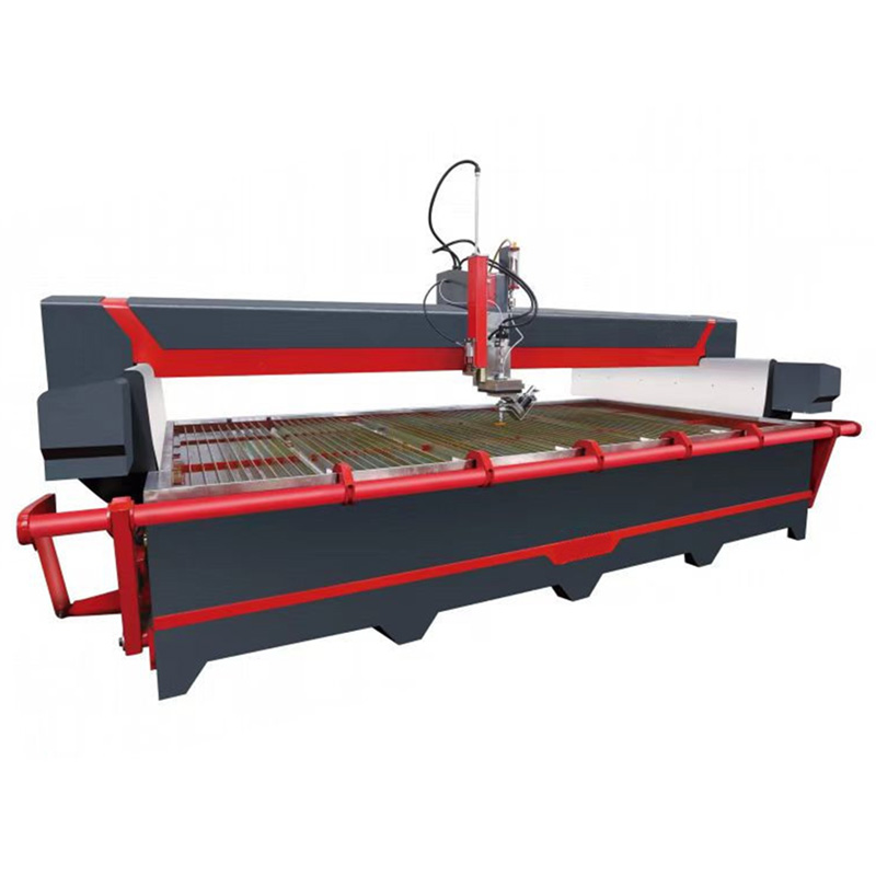 5 axis CNC waterjet cutting machine for glass and marble, clean white background.