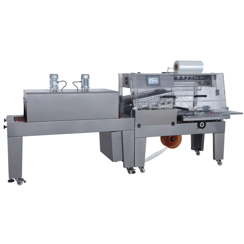 Automatic PE film shrink wrapping system with integrated conveying, wrapping & shrinking.