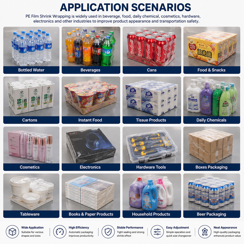 Versatile for bottled water, beverages, daily goods and food, offering shrink-wrapping solutions.