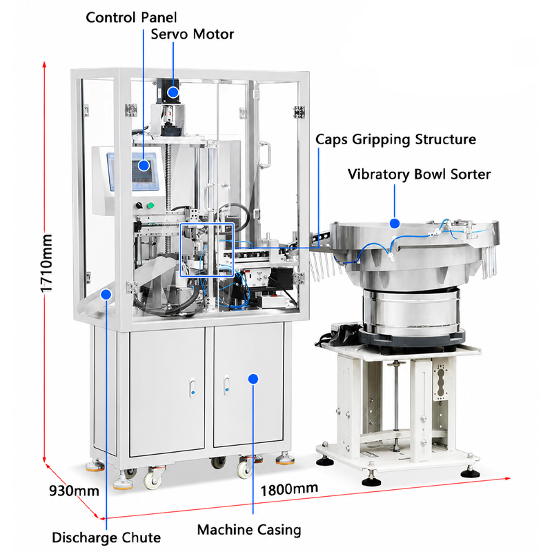 Automatic cosmetic bottle capping machine structure with vibratory bowl feeder and control panel