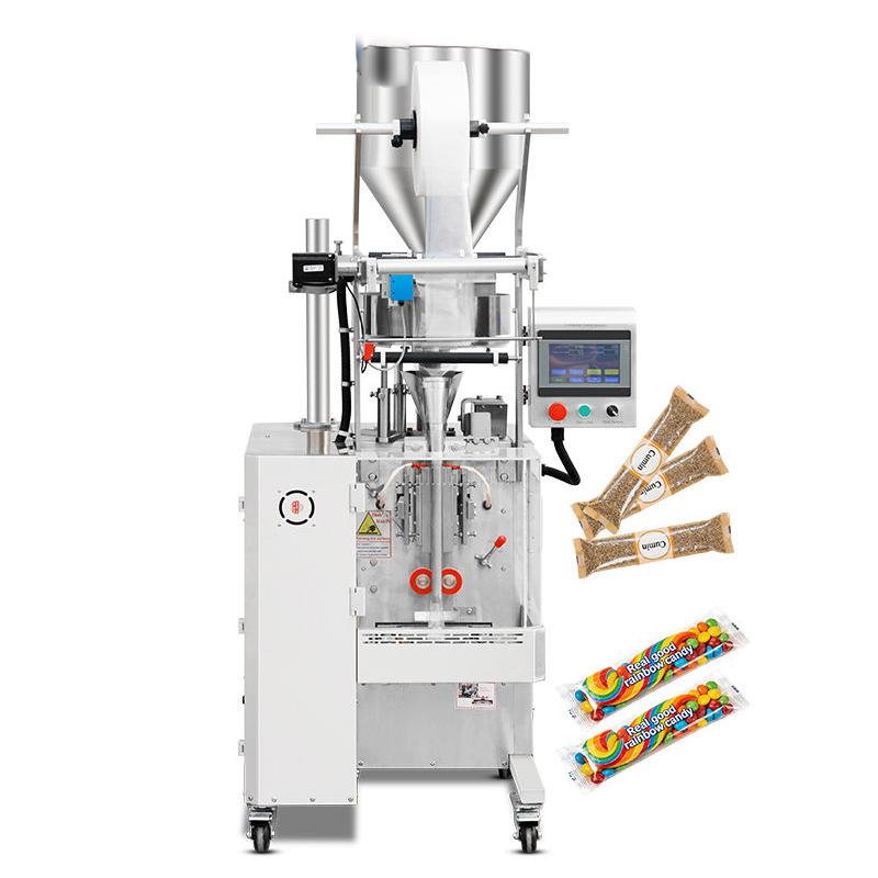 Full machine view of automatic granule sachet packing machine with finished candy and rice pouches