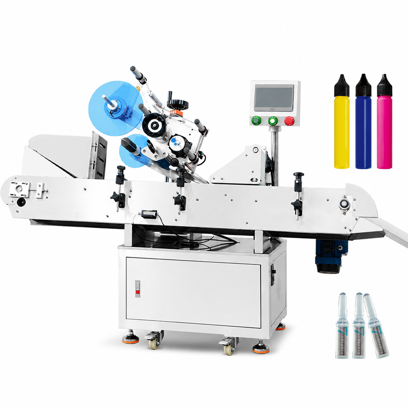 Full exterior view of automatic round bottle labeling machine on white background.