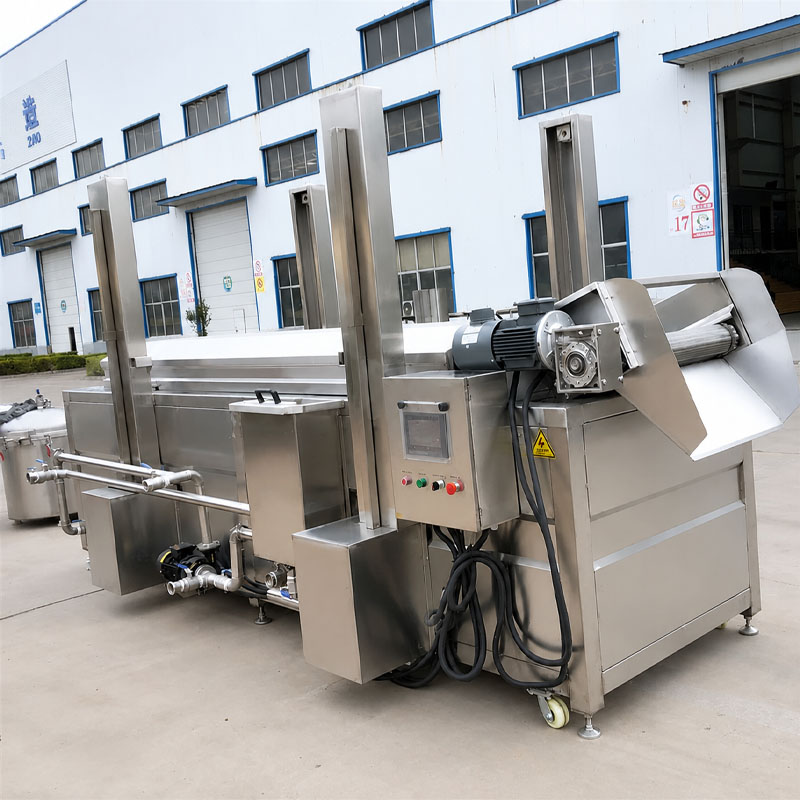 Industrial conveyor fryer installed in food processing factory