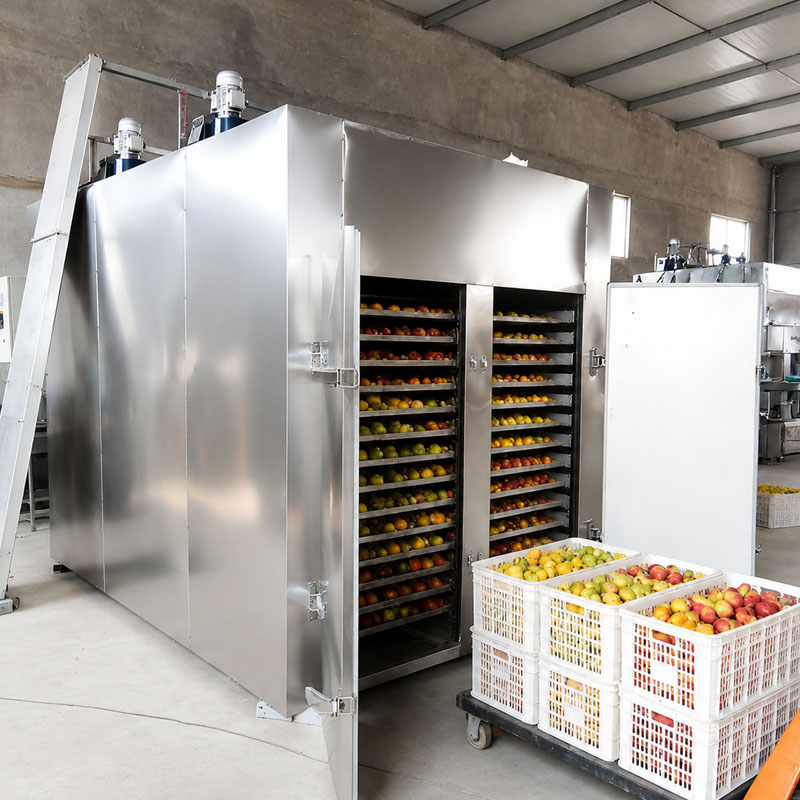Fruit dehydration machine working in industrial processing facility