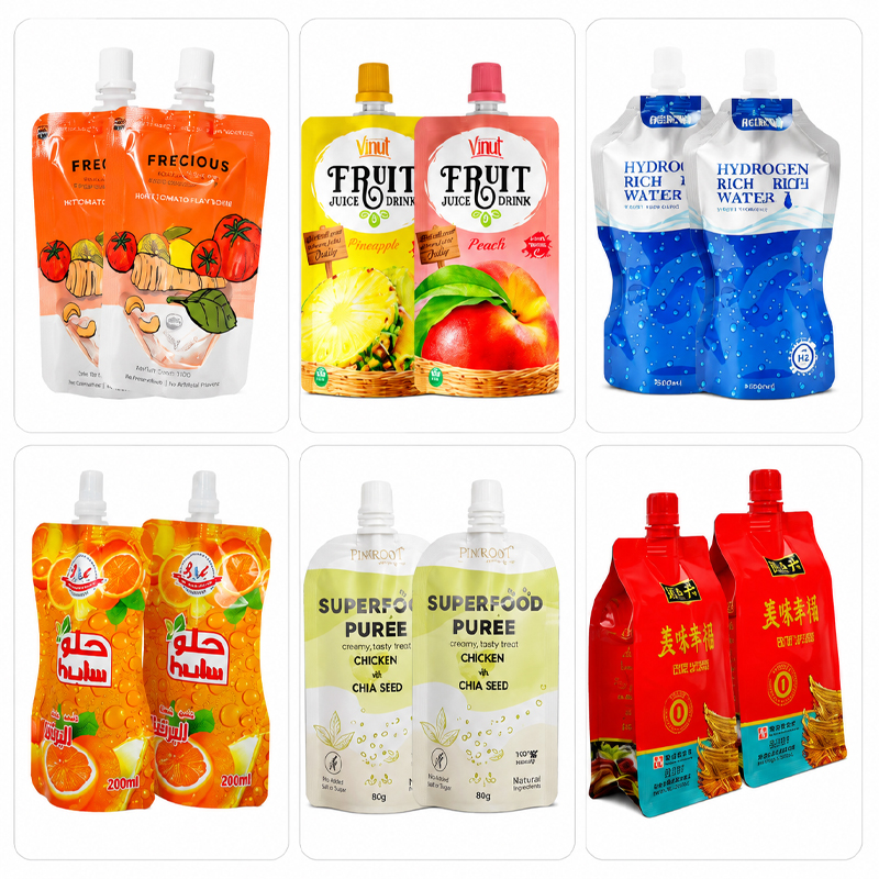 Various finished spout pouches processed by automatic filling and capping equipment
