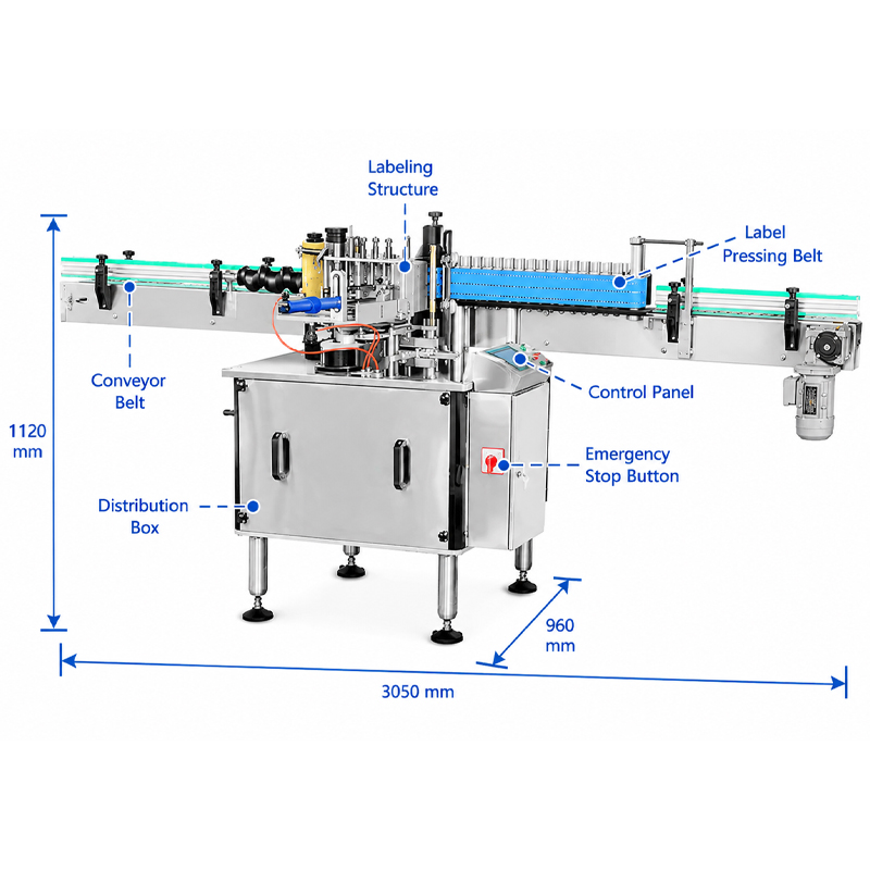 Dimension marked drawing of automatic self adhesive labeling machine for sauce jars
