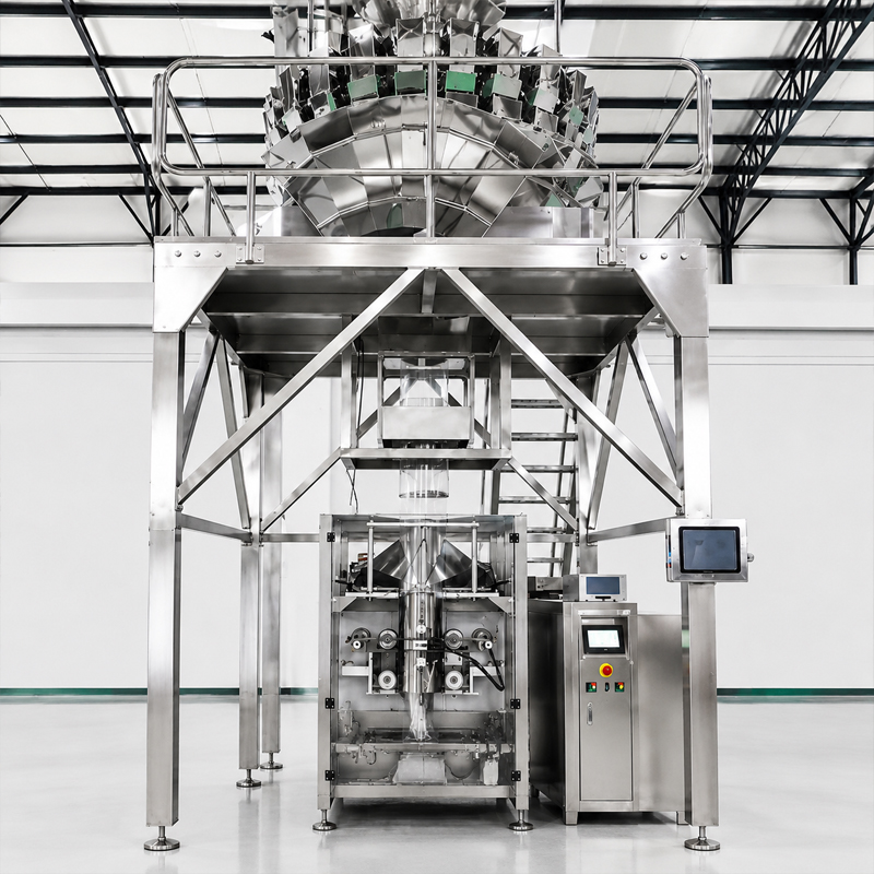 Close‑up view of stainless‑steel vertical packing machine for seafood granules