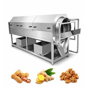 Continuous rotary drum washer for root vegetables and nuts