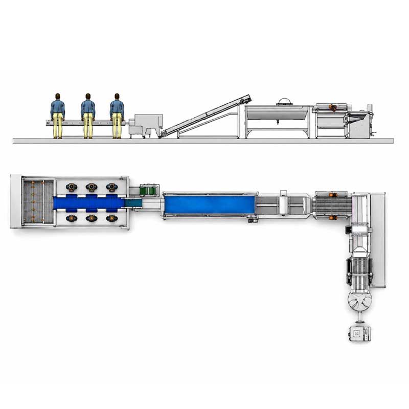 Leafy greens processing line layout with cutting washing and dewatering Leafy greens processing line layout with cutting washing and dewatering