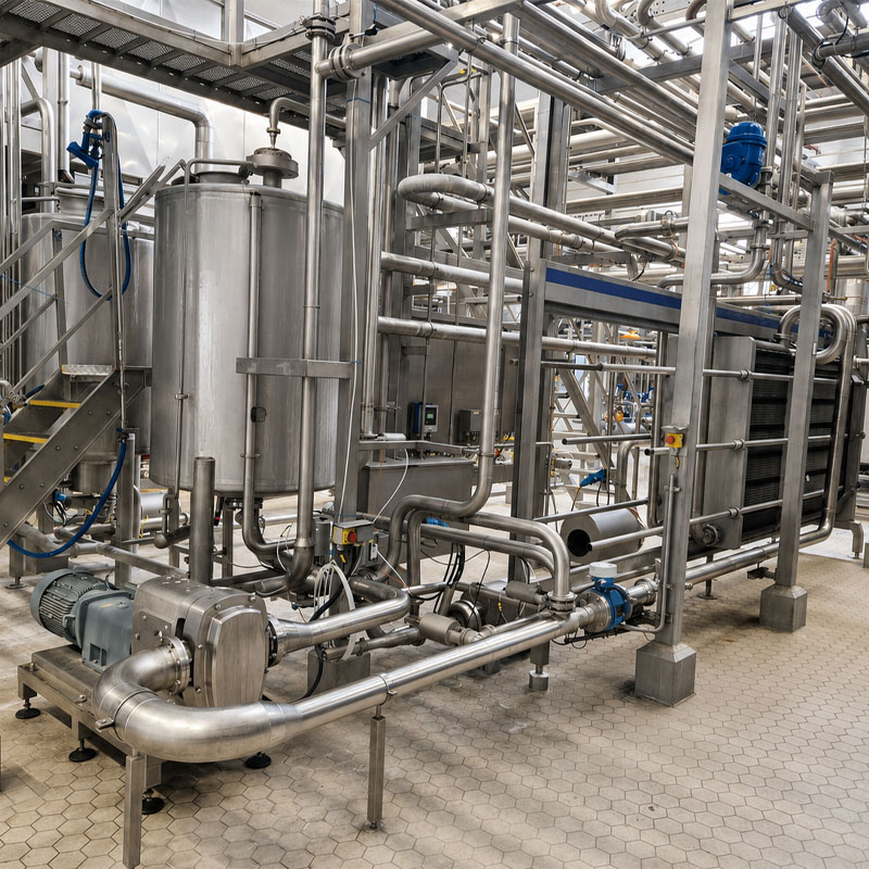 Industrial cream pasteurizer with plate heat exchanger and sanitary piping