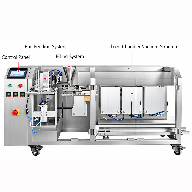 Premade pouch vacuum packaging machine with bag feeding filling and three-chamber vacuum system