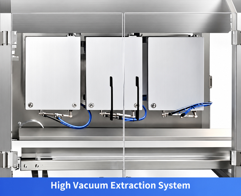 Three-chamber high vacuum extraction system for premade pouch packaging