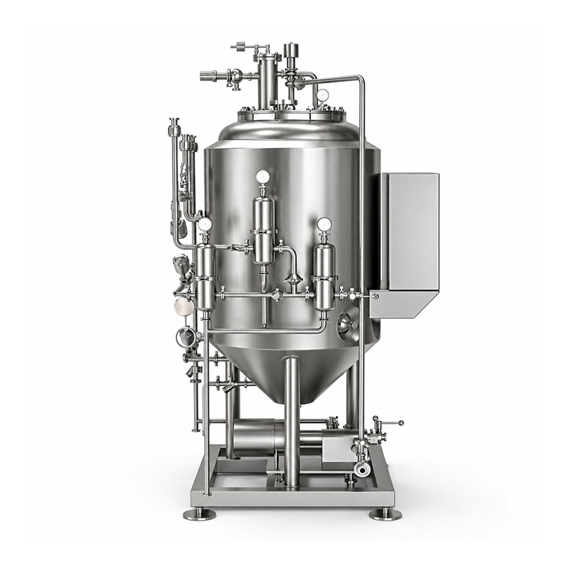 Stainless steel yeast cultivation tank with sanitary piping and valves