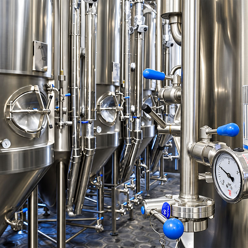 Brewery yeast storage tank with sanitary valves and fittings